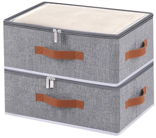 OUTBROS Fabric Storage Bins with Lid, Wardrobe Organiser with Handle and Zipper, Used for storing clothes, blankets, pillows, Foldable Bags, 38 x 26 x 15 cm, 2-Pack