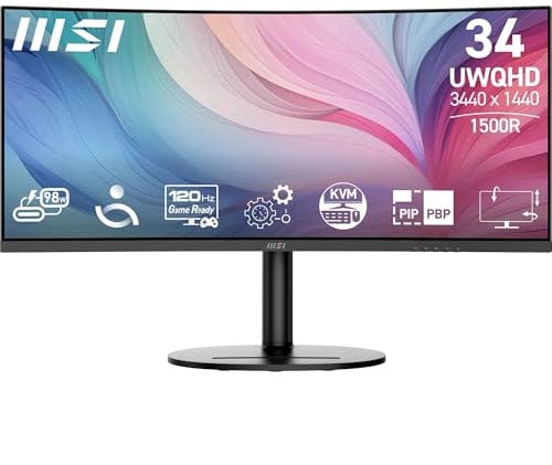 MSI Modern MD342CQP PC-Monitor 34 Zoll UWQHD Curved 1500R – VA-Display 3440 x 1440, KVM, Pip/PBP, Breites Farbspektrum, Augenkomfort, integrierte Lautsprecher, 3-Achsen verstellbar – HDMI 2.0b, DP
