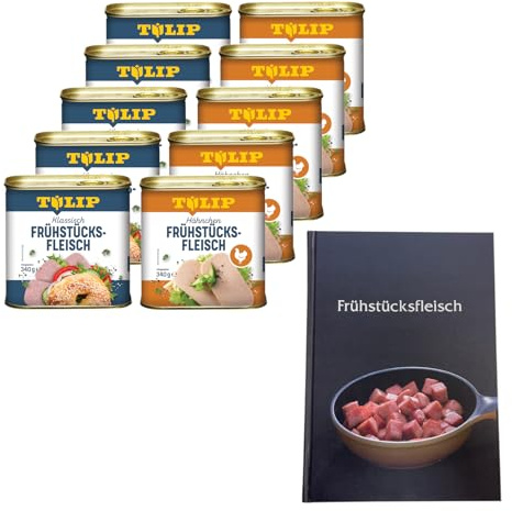 TULIP 5x Schweine-Frühstücksfleisch 340g + 5x Hühnchen-Frühstücksfleisch 340g + Kochbuch | Fleisch in der Dose + Gebundenes Kochbuch mit 57 Rezepten | 87% Schweinefleisch und 80% Hähnchen