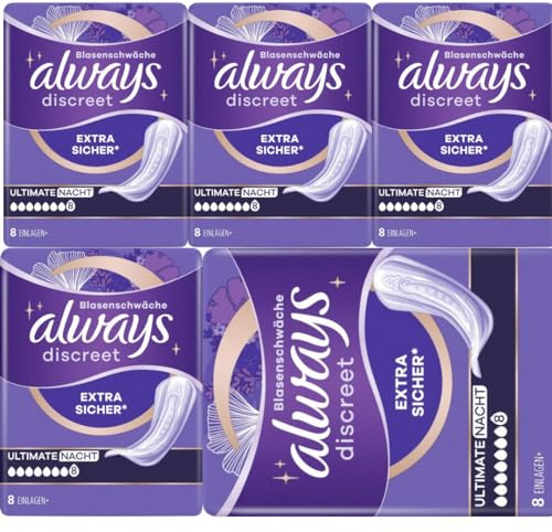 Discreet Inkontinenzeinlage Ultimate Nacht Pads Damenbinden 8 STÜCK x 5 Packungen
