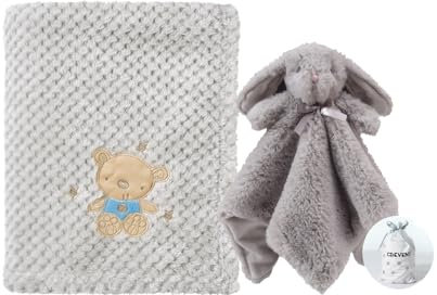CREVENT Babydeckenset, weich, gemütlich für Jungen und Mädchen und Schmusetuch, mit Geschenktasche, Neugeborenen-Essential, Grau
