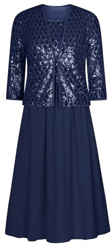 Damen Festlich Neujahr Oktoberfest Fashion Midi Kleid Zweiteiliges Business-Kleid mit Pailletten-Cardigan Dunkelblau XXL