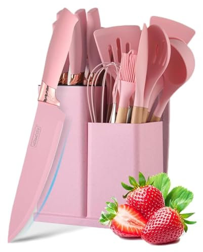 Küchenhelfer Set, Rosa 19-teiliges Silikon Kochutensilien Kochbesteck Set, Hitzebeständiger Holzgriff Kochgeschirr Set mit Utensilienhalter, Antihaft Küchenutensilien, Spülmaschinengeeignet (Rosa)