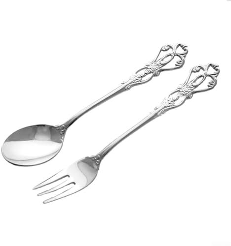 Luxury Vintage Gold Cutlery Set, Stainless Steel Spoon and Fork for Coffee (silver)