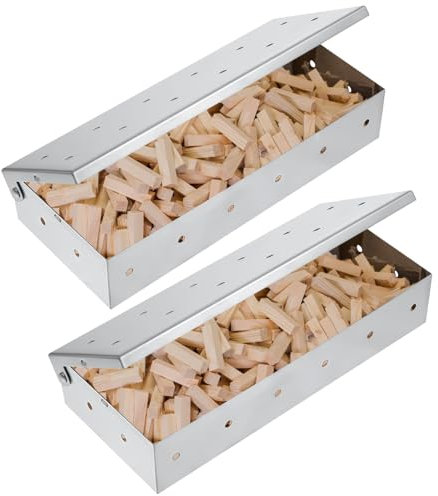 Lemecima Räucherbox aus Edelstahl, zur Verwendung mit Holzspänen, um Gas- oder Holzkohlegrills rauchigen Grillgeschmack zu verleihen, 2 Stück