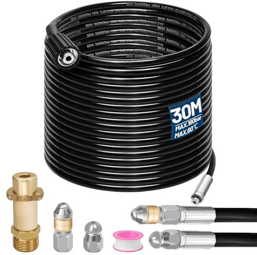 30M Rohrreinigungsschlauch Set,180Bar 60°C,inkl.Düsen starr + rotierend,1 Adapter kompatibel mit K2 K3 K4 K5 K6 K7 Hochdruckreiniger Universal Rohrreinigungsset