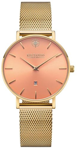 Kistanio Petit Damenuhr mit Milanaiseband Datum Edelstahl Goldfarben Peach Saphirglas GO-PE-M
