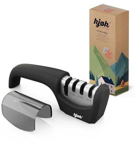 kjøk Premium Aiguiseur de couteaux et de ciseaux manuel – Boîtier en ABS noir mat avec tiges en diamant, céramique et carbure de tungstène pour couteaux, outils, ciseaux et couteaux à pain