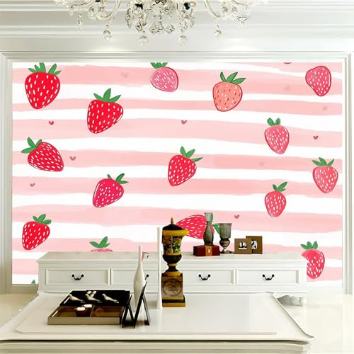 Wallpaper Cartoon Strawberry Stripes Red Pink 158 X 110 (400 X 280 Cm Wxh) 3D Panoramic Custom Wallpaper Mural, Non-Woven Fabric, Modern Poster Decoration for Bedroom, Corridor Poster