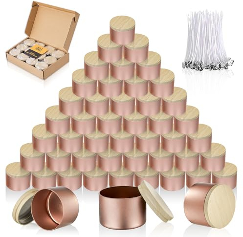 MGLIFEUL 48PCS 4oz Candle Tins,Rose Gold Matte Candle Jars with Wood Grain Lids for Candle Making, Rose Gold Empty Metal Candle Container for Making Candles