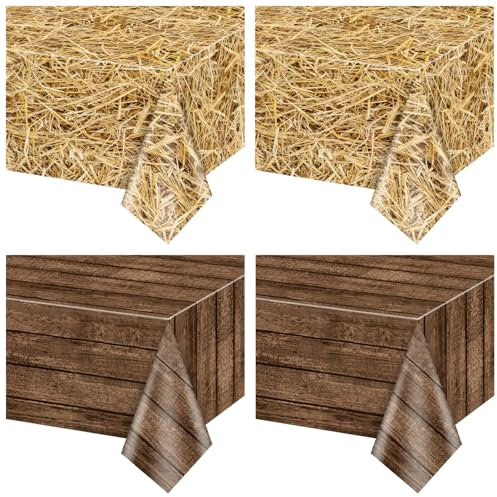2Pcs Stroh Tischdecken und 2Pcs Holz Tischdecken Rechteckige Stroh Holzmaserung Tischdekorationen für Bauernhof Party Cowboy Western Thema Party Supplies, 130 x 220cm