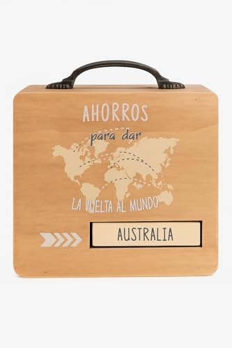 Dekorative Spardose, Reisekoffer aus Holz, Rückkehr zur Welt, Urlaub, Rad zur Anzeige der gewünschten Reise, Autralia, Insel Desiesta, Exotic Holidays, 15 x 15 x 7 cm (Koffer Zurück zur Welt)