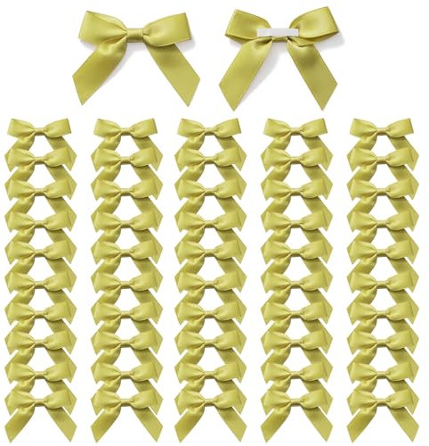 MORSUNBELA Schleifen Deko Geschenkschleifen Selbstklebend Kleine Schleife Satinband Geschenkschleife für Geschenkverpackungen Hochzeit Weihnachten Olive Gold 50 Stück