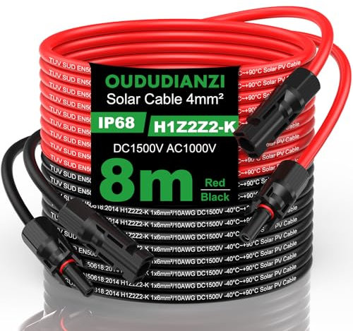 Oududianzi Cable Solar 4mm²/6mm², Prolongador Cabo Placa Solar 1/2/3/5/8/10/15/20/30m, Extensor Cable fotovoltaico 4mm2 con Conectores Hembra y Macho para Paneles Solares Sistemas (4mm² 8m)