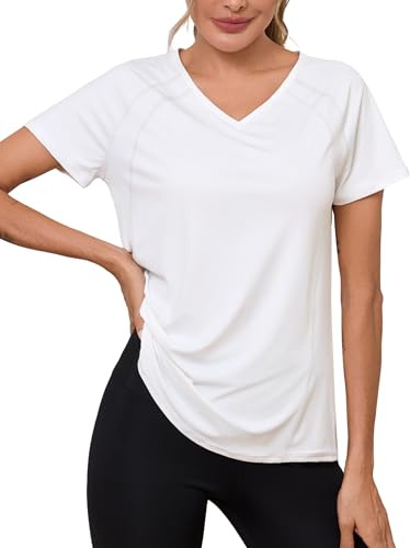 Wayleb Running Top Womens V Neck Lightweight Sports T Shirt White