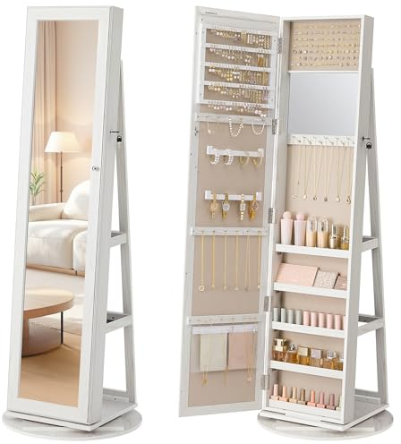 SONGMICS Jewellery Organiser, Freestanding Jewellery Cabinet with Full-Length Mirror, 360° Swivel, Storage Shelf, Lockable with Keys, for Bedroom, Gift Idea, Grey Wood Grain Finish, White JJC062W101
