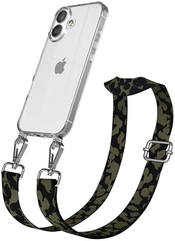 EAZY CASE Handykette - Verstellbares Taschenband kompatibel mit iPhone 17, Schulterriemen, Handykordel mit Silikon Hülle, Umhängetasche, Dunkelgrün Camouflage Silber