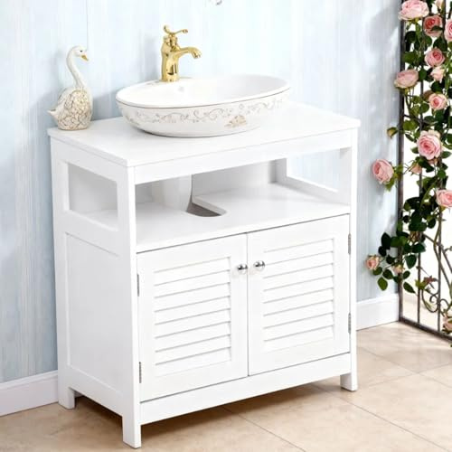 Hamwesh Mueble de Almacenamiento Debajo del Fregadero, Mueble de Baño Blanco con Puerta Doble y Estante Abierto, Recorte en Forma de U para Almacenamiento Organizado, Hecho de MDF, (White)