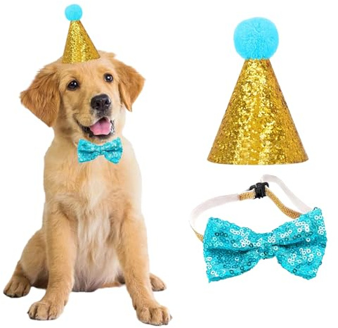 Hunde Geburtstag Hut Set, 3 Stücke Hunde Geburtstag Deko, Haustier-Geburtstagshut und Fliege Halsband Set mit Nummer, für Hundegeburtstagsparty (Blau)