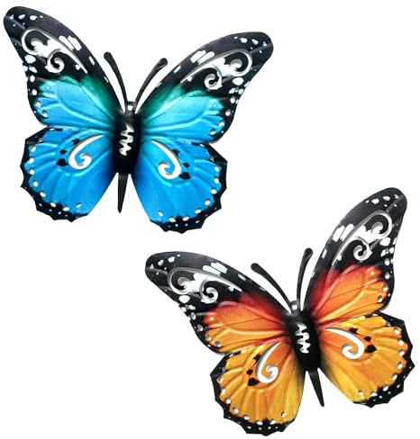 SUNNEKO 2 PCS Large Metal Butterfly Garden Ornaments Outdoor | Metal Wall Art Big Butterfly Decorations for Outside Garden Shed Fences Yard Decorations Wall Hanging