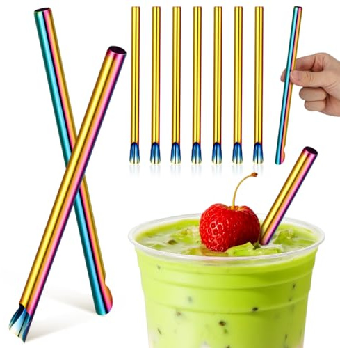 Yardwe 10 pcs Reusable Smoothie Straws with Spoon Stainless Steel Stirring Straws for Milk Tea Ice Cream Coffee Cocktails Home Party