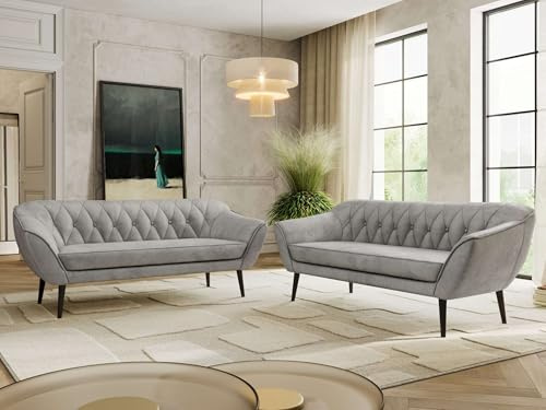 MKS MEBLE Sofagarnitur PIRS 3 + 3 - Couchgarnitur im skandinavischen Design, Gesteppte Polsterung, Wellenfederung, Wohnzimmer Sofa Set - Schwarze Beine, Hellgrau Velvet