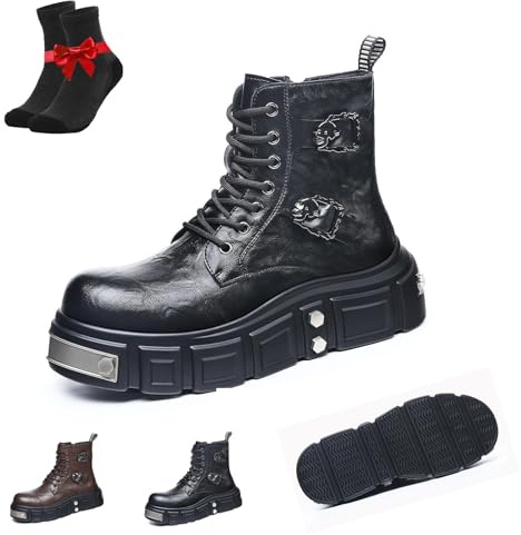 Topmis Stivaletti Gothic Da Uomo Con Plateau, Anfibi Punk In Pelle Con Lacci E Zip Laterale, Stivali Biker Con Tacco Alto Per Look Casual