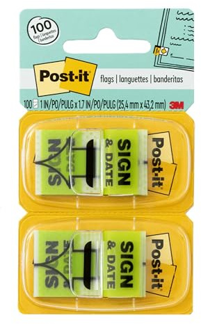 Post-it Sign and Date Flags, 50/Dispenser, 2 Dispensers/Pack, 1 in Wide, Bright Green (680-SD2)