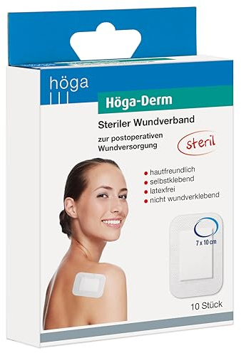 Höga Derm, steriler Wundverband, hautfreundlich, latexfrei und selbstklebend, 100 x 70 mm, 10 Stück, gebrauchsfertiges Pflaster
