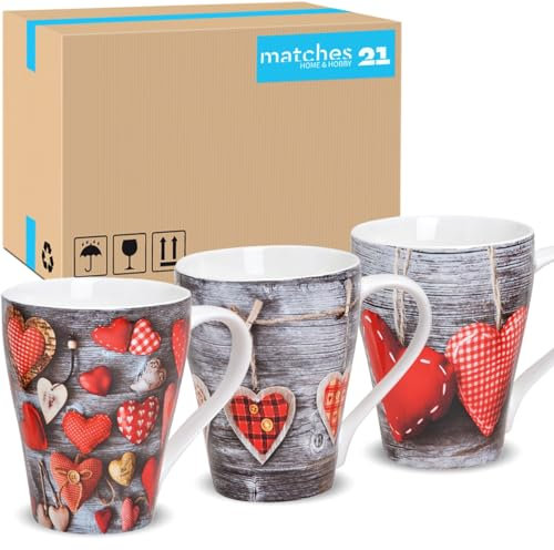 Tassen 36er Set mit Herzen in grau rot im Landhausstil - Porzellan Kaffeebecher in 300ml für Cappuccino Kaffee Tee - Schöne Kaffeetassen spülmaschinenfest und mikrowellengeeignet als Geschenk