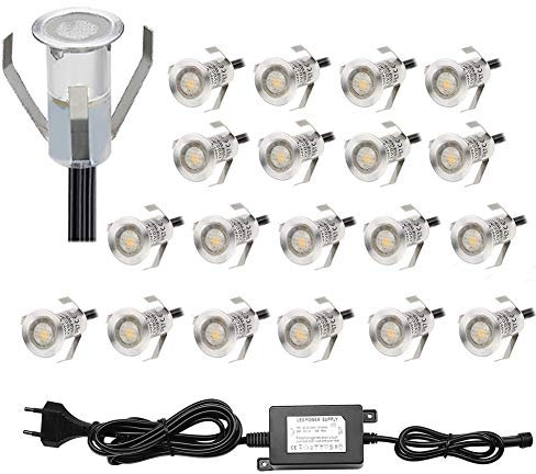 20er Set Mini Treppen Einbaustrahler Ø18mm 0.4W IP67 Wasserdichte 7LM Bodeneinbaustrahler LED Bodenstrahler Aussen und Innen Lampe mit 12V Netzteil für Garten Terrasse Treppen Beleuchtung Warmes Weiß