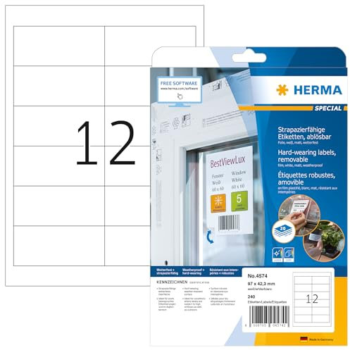 HERMA 4574 Wetterfeste Folienetiketten ablösbar, 20 Blatt, 97 x 42,3 mm, 12 pro A4 Bogen, 240 Stück, selbstklebend, bedruckbar, matt, blanko Klebeetiketten Aufkleber aus Folie, weiß