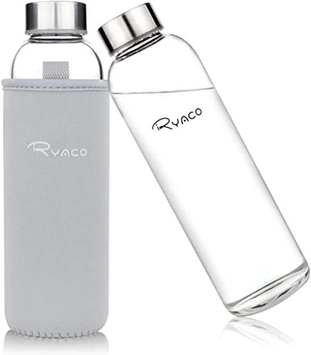 Ryaco Trinkflasche aus Glas 550ml/18oz,Glasflasche mit Neoprenhülle,Glastrinkflasche mit Schraubverschluss,Wasserflasche Glas für heiße kalte Getränke,spülmaschinenfest