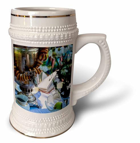 3dRose Russian Samovar, Round cracknels, Flowers, Book, Summer Morning Tea - Stein Mug, 18oz, 22oz, White