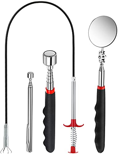 Juego de 4 herramientas de recogida de garra flexible, herramienta de agarre de resorte, flexible con espejo de inspección telescópico, 2 libras20 libras magnético Stick Gadget para el hogar,