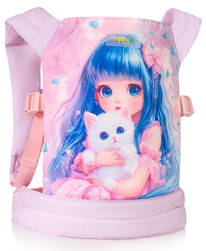 HappyVk - Porte-poupée pour Enfants avec Broderie Chaton Mignonne. Plus Un Bracelet à Paillettes réversible. Convient aux poupées ou Animaux en Peluche jusqu'à 61 cm.