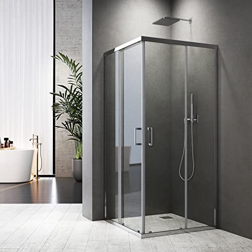 Baode Duschkabine Eckeinstieg 80x75 cm, Doppel Schiebetür Duschabtrennung 6mm ESG Glas, Höhe 185cm Duschtür (Silber)