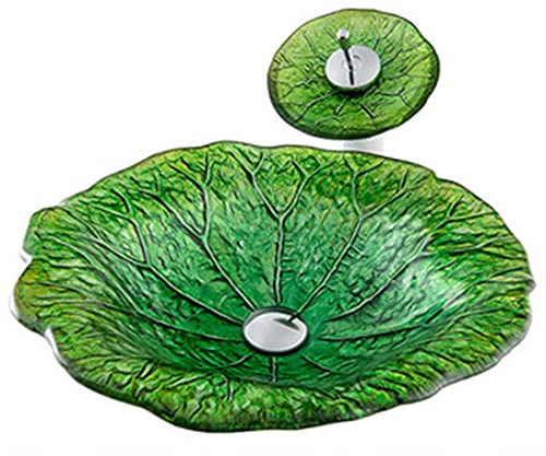 DRSM Waschbecken Aus Gehärtetem Glas Mit Lotusblatt, Art Aufsatzwaschtisch Set, Gehärtetes Glas Waschbecken, Mit Wasserfall Wasserhahn Montagering Und Abflussrohr,A