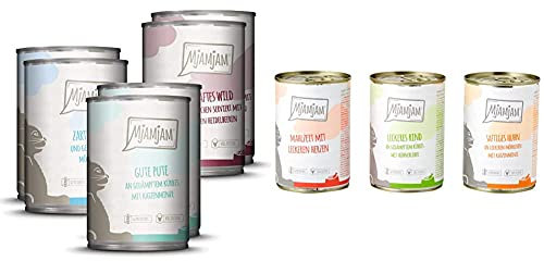MjAMjAM - Premium Nassfutter für Katzen - Mixpaket II - Wild & Kaninchen, Pute, Ente & Geflügel, 1er Pack (6 x 400 g) & Premium Nassfutter für Katzen - Mixpaket 1 - Huhn, Rind, Herzen, (6 x 400 g)