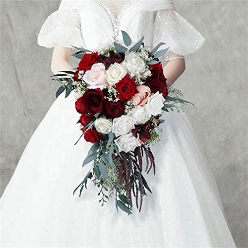 VBVB Handgemachte Hochzeitsbridstrauß, Künstliche Rote Und Weiße Rosen Blume Braut Blumenstrauß Wasserfall Mit Langem Band, Ideal Für Hochzeitsparty, Kirche Wohnkultur