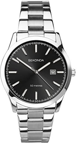 Sekonda Taylor Herren-Quarzuhr mit Analog-Anzeige und Edelstahl-Armband, 41 mm, Schwarz, Silber Armband