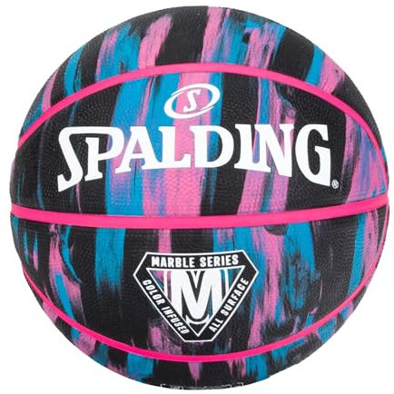 Spalding - Marble Series - Basketball - Größe 6 (Durchmesser 23,2 cm) - Farbe Schwarz/Rosa/Blau - Robuster Gummiball für Außen- und Innenbereiche