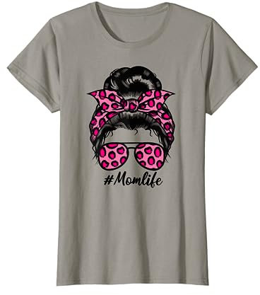Mom Life Damen Leoparden Muster Druck Haarknoten Momlife T-Shirt