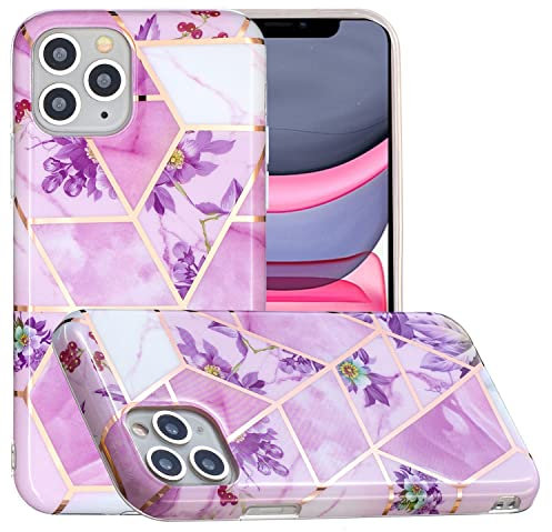 nancencen Handyhülle für iPhone 11 Pro Max (6.5) Hülle, Premium TPU Ultra Dünn Silikon Transparent Softshell Schutzhülle, Stoßfest Bumper Glitzer Marmor Blume Design Case Cover (Lila Blume)