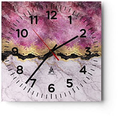 Modern Wanduhr Rosa golden Hintergrund 30x30cm Quadrat Klein Wand Uhr Glas Analog Zimmeruhren Küche Büro Wohnzimmer Glasuhr Wall Clock Dekoration Design Wanddekoration Küchenuhr C4AC30x30-5038