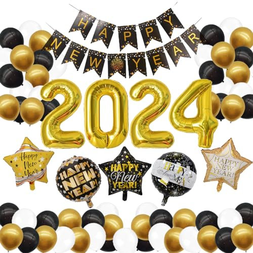 Silvester Deko Set 2025 - Schwarz Gold Neujahr Party Silvesterdeko, 2025 Folienballons, Happy New Year Banner, Neujahrsdeko Silvester Luftballons