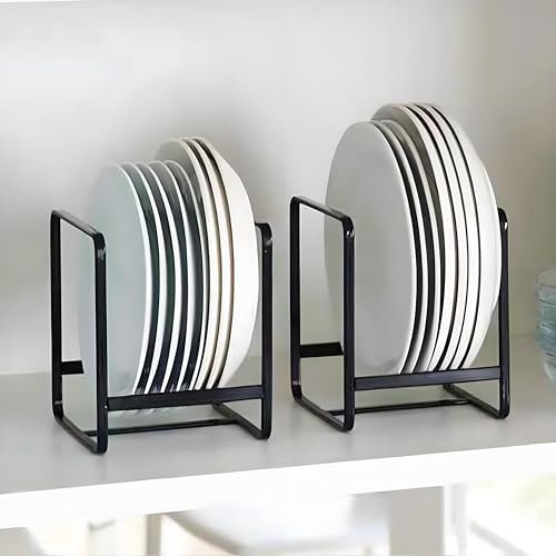Kiswleon 2 Stück Teller Organizer Schrank,Tellerhalter Metall Tellerständer Einfach Teller Organizer mit Leicht zu Tragenden Griffen,Dish Drying Rack für Teller Schneidebretter Topfdeckel(Schwarz S)