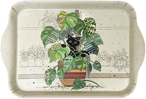 KIUB Mini-Tablett mit einer Katze – Motiv Katze Monstera versteckt in einer Pflanze – hochwertiges Melamin – Größe Mini 14 x 21 cm