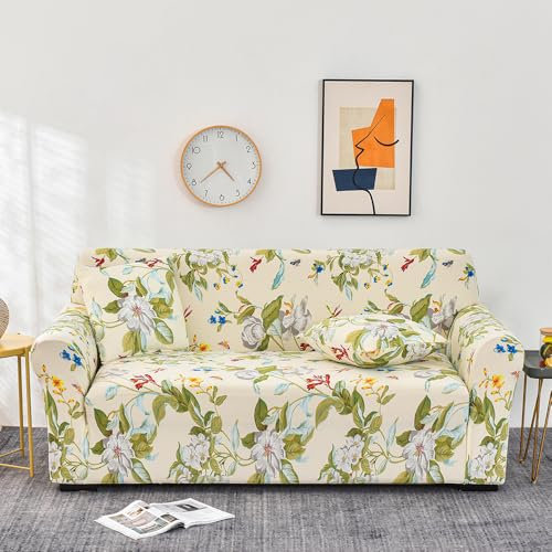 Lukery Stretch Sofabezug rutschfest Sofaüberwürfe mit Armlehnen, Universal Wohnzimmer All-Inclusive Ecksofa L Form Sofa/Sesselbezug für Hotel Schlafzimmer Zuhause (4 Sitzer,Blumen und Blätter)