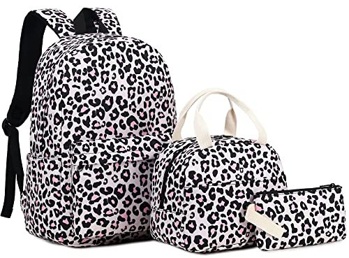 Mimfutu Mochila escolar para niñas adolescentes, mochila 3 en 1 para niños, juego de mochilas escolares con lonchera y estuche para lápices, leopardo, L, Juego de mochila escolar